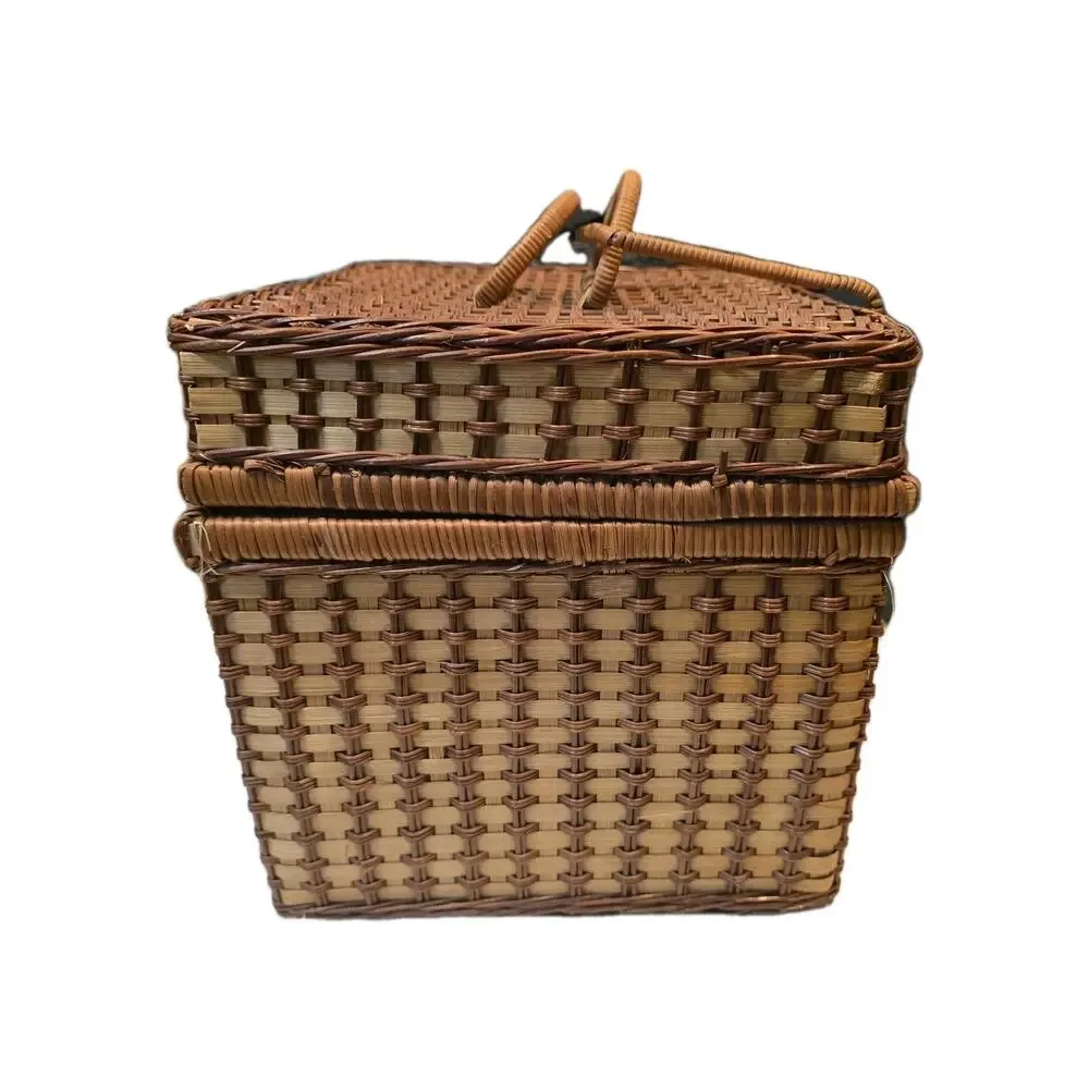 Vintage Wicker Picnic Basket w Lid Handles Red Gingham Liner 2 Woven Plates 12